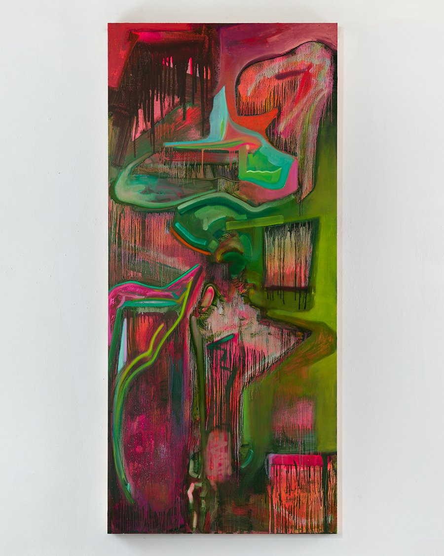   Furin Cleveage Site,  2022. Oil, flashe, spray paint and wax on hollow core door. 80 x 36 inches. 