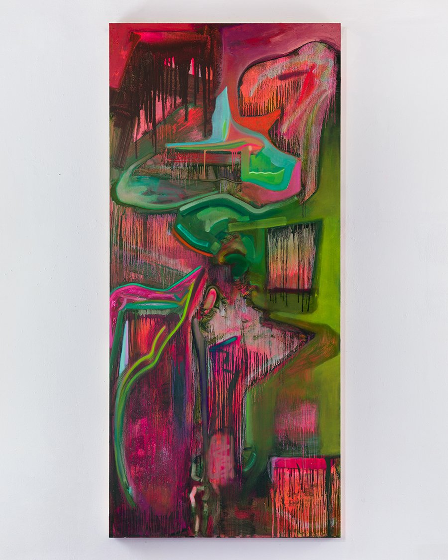   Furin Cleveage Site  (under blacklight) ,  2022. Oil, flashe, spray paint and wax on hollow core door. 80 x 36 inches. 