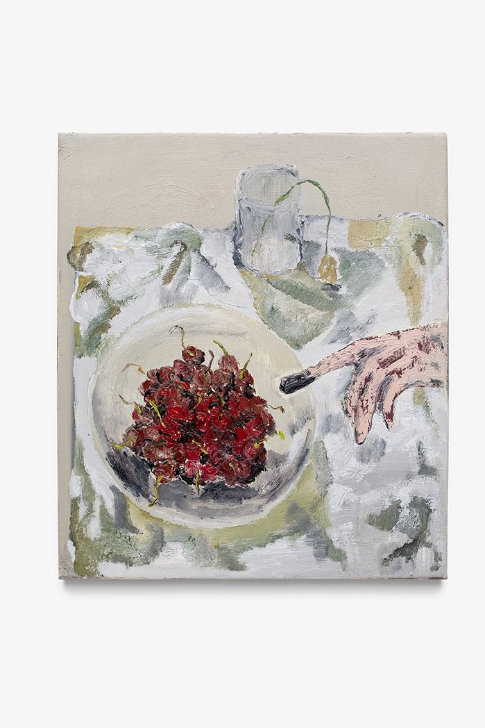   Cherries from the Bin , 2019-2021. Oil on linen. 18 x 15.75 inches. 