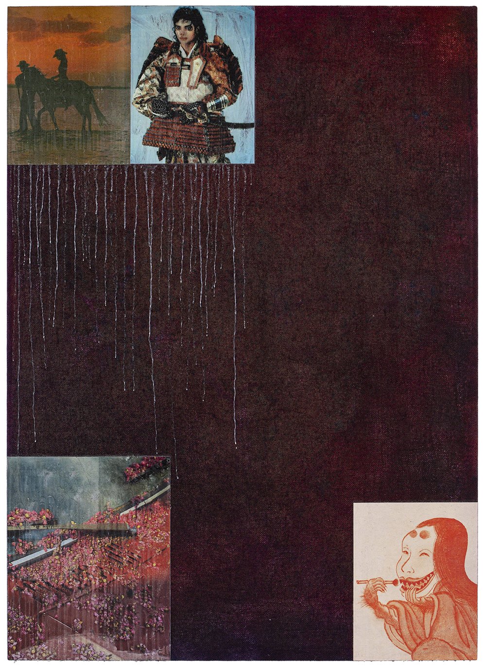  Parker Ito, visions of the Pilgrim's Printer Progress from this world, to that which is to come (Juliana's car image), 2023. Photosensitive dyes, ink, acrylic, paper, and gac 100 on jute. 64 x 46 inches. 