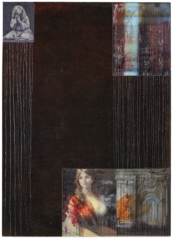  Parker Ito, visions of the  Pilgrim's Printer Progress  from this world, to that which is to come (B.T.G.F.), 2023. Photosensitive dyes, ink, acrylic, paper, and gac 100 on jute. 64 x 46 inches. 