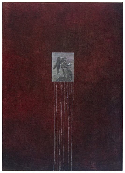  Parker Ito, visions of the  Pilgrim's Printer Progress  from this world, to that which is to come (energy angel), 2023. Photosensitive dyes, ink, acrylic, paper, and gac 100 on jute. 64 x 46 inches. 