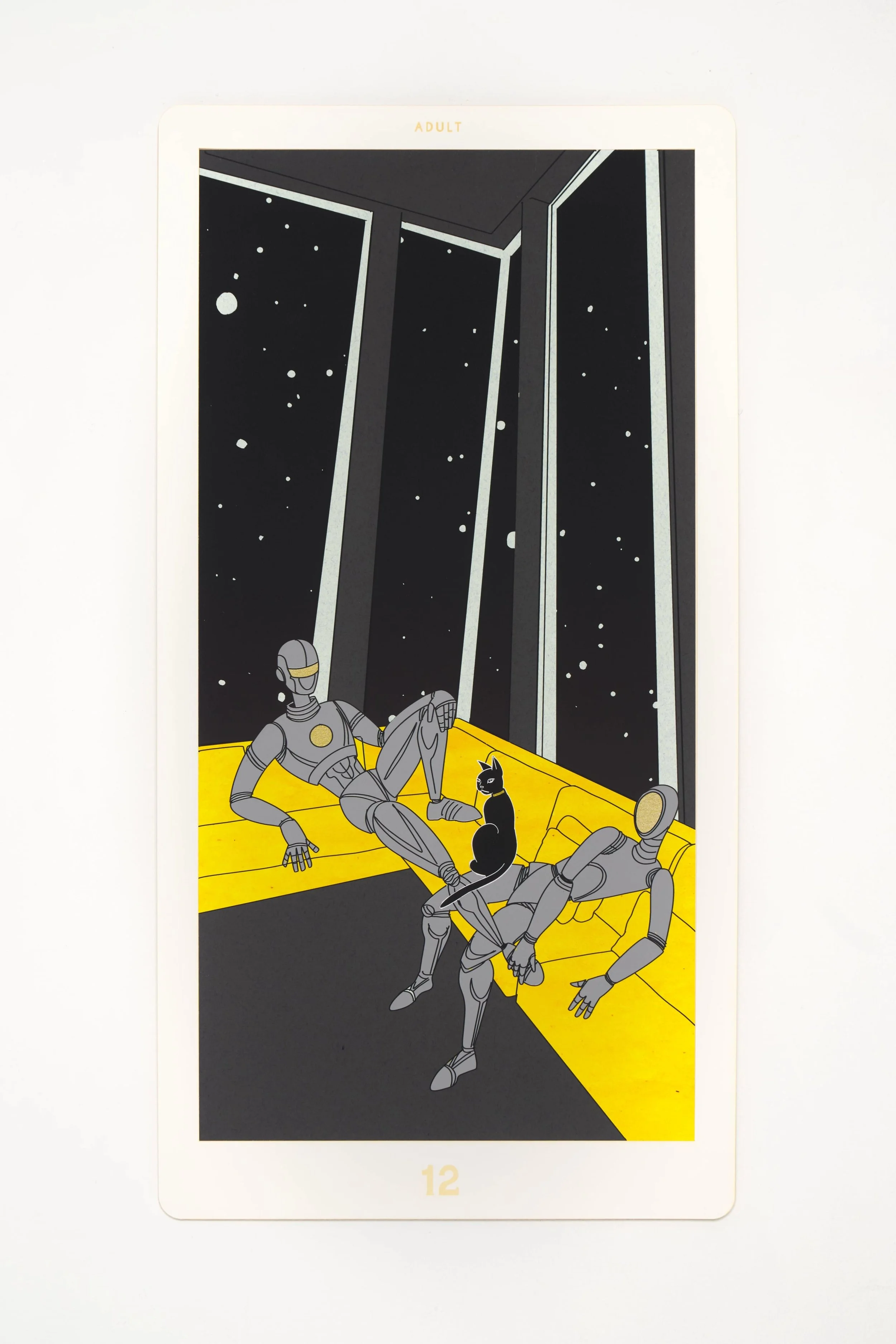   Cat Suit 12: Adult, ( 2025). Archival pigment print and laser etching on watercolor paper, 27 x 14 in. 