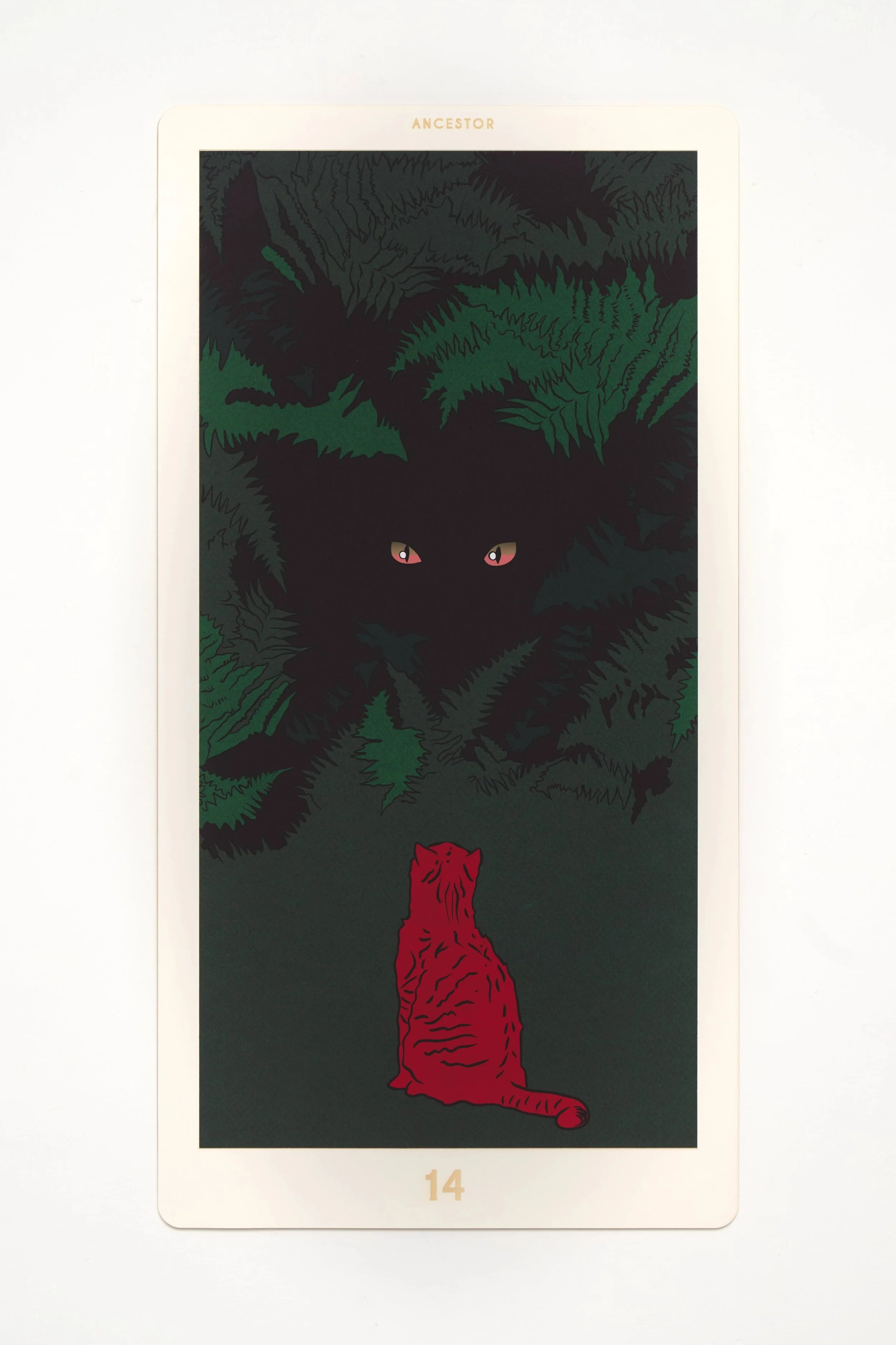   Cat Suit 14: Ancestor: Experience Fulfilled, ( 2025). Archival pigment print and laser etching on watercolor paper, 27 x 14 in. 