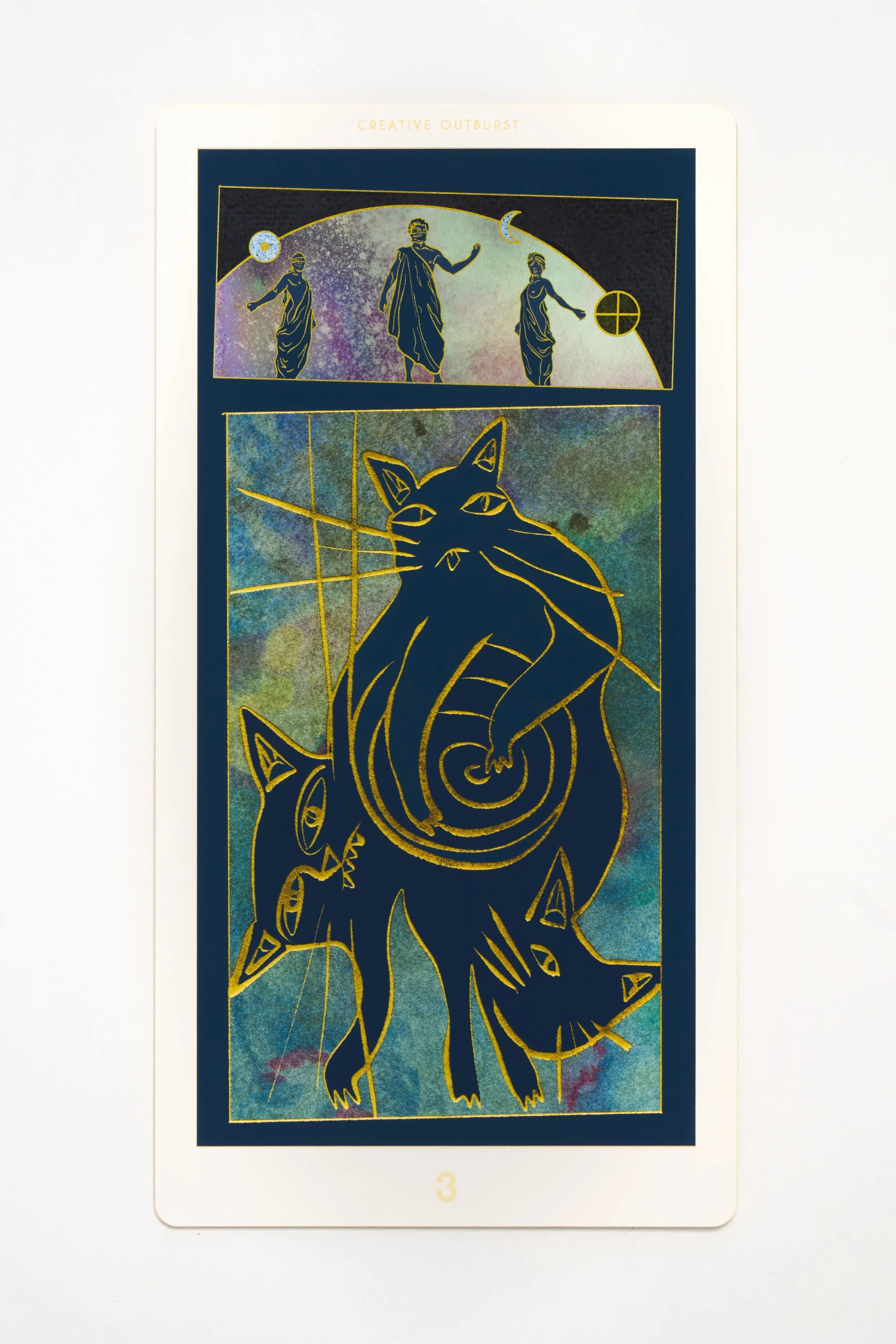   Cat Suit 3: Creative Outburst, ( 2025). Archival pigment print and laser etching on watercolor paper, 27 x 14 in. 