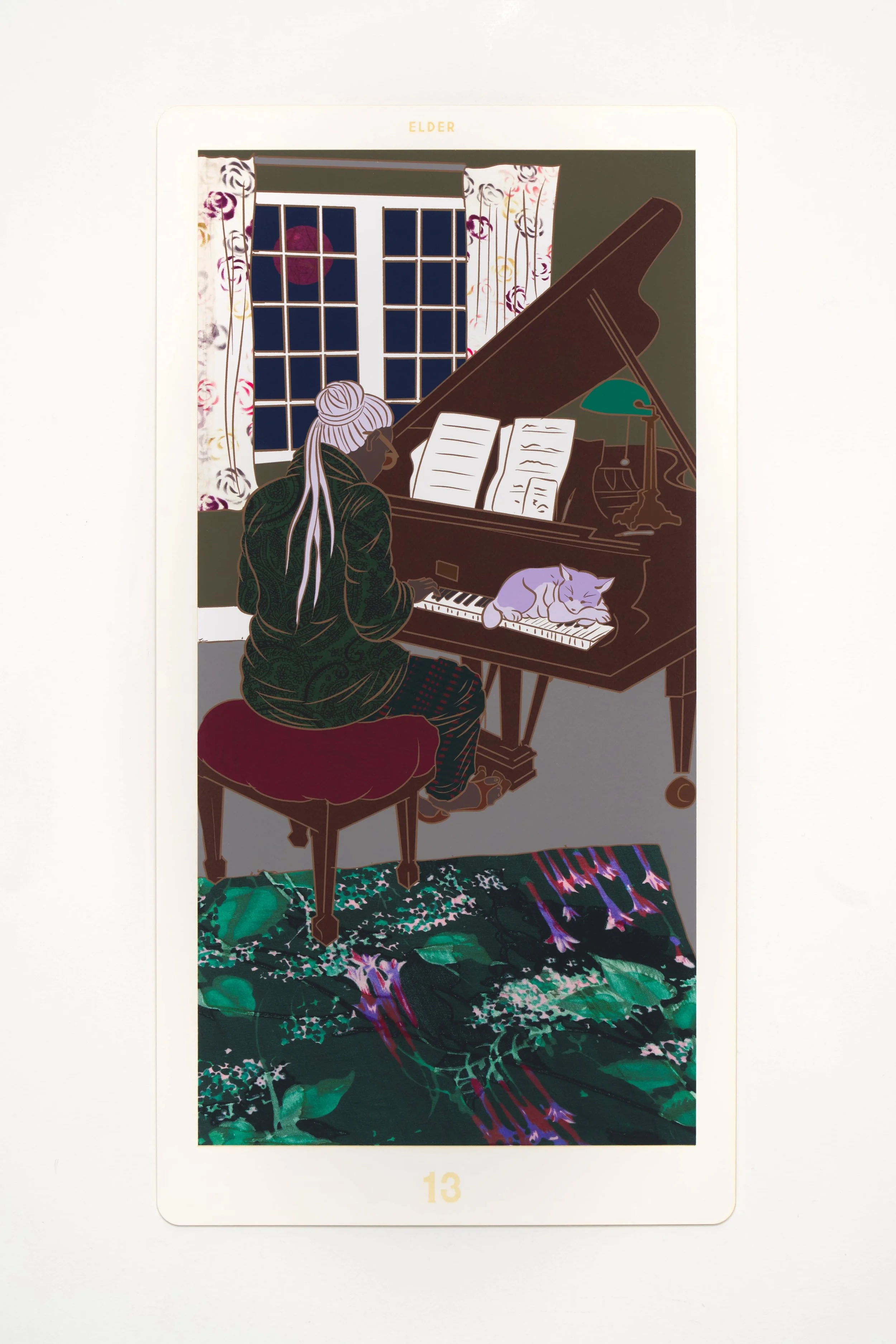   Cat Suit 13: Elder, ( 2025). Archival pigment print and laser etching on watercolor paper, 27 x 14 in. 