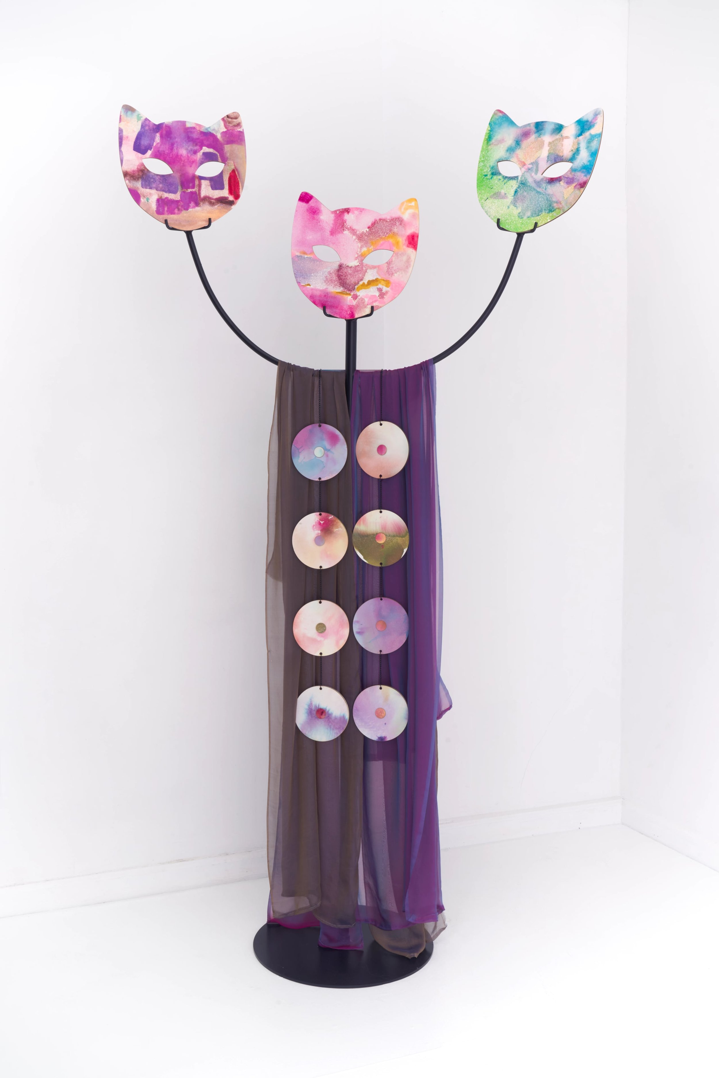   Three of Cats (Standelabra), ( 2025). Steel structure, silk robes, papier maché masks and breastplate. 84 x 72 in. 