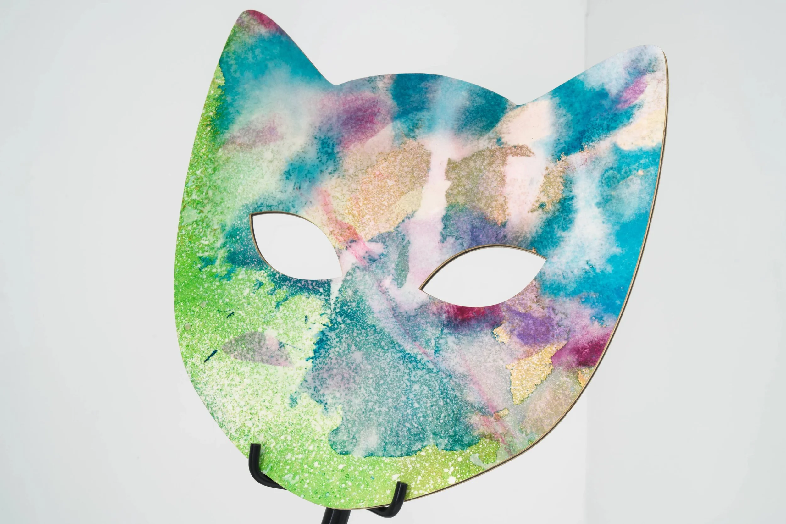   Three of Cats (Standelabra)  (detail) , ( 2025). Steel structure, silk robes, papier maché masks and breastplate. 84 x 72 in. 