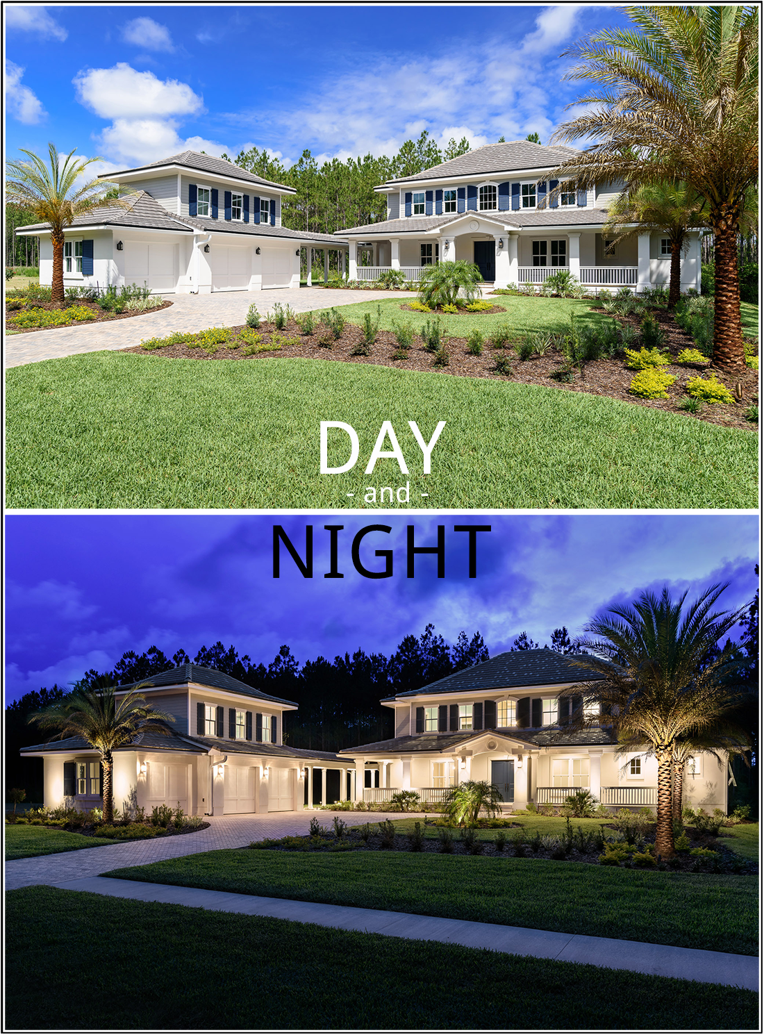 Although shot from a slightly different perspective, these two images of a Glenn Layton home in the Twenty Mile neighborhood in Nocatee, St. Johns County, illustrate the dramatic difference a few hours can make. Depending on your marketing needs, we can create daytime or nighttime images -- or both.