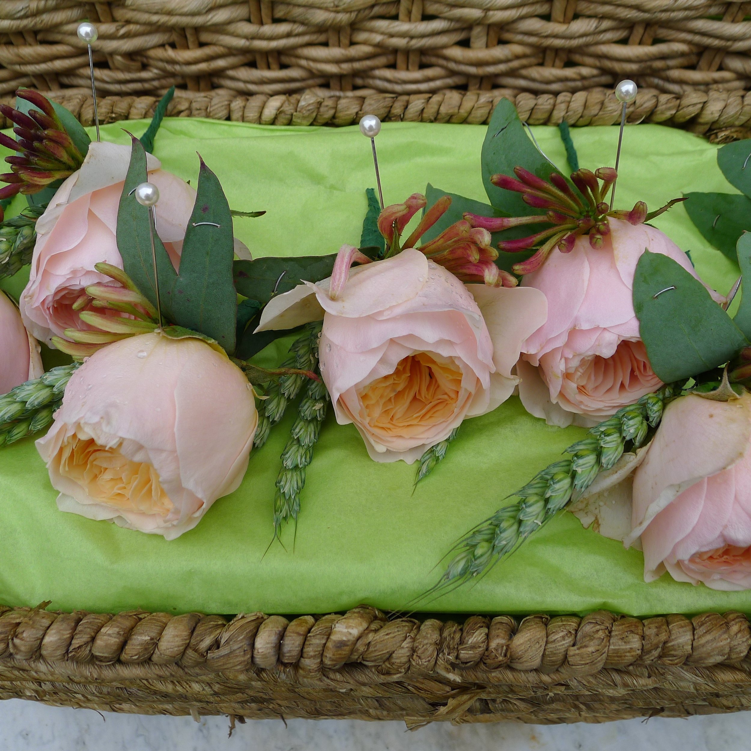 david austin rose buttonholes with wheat