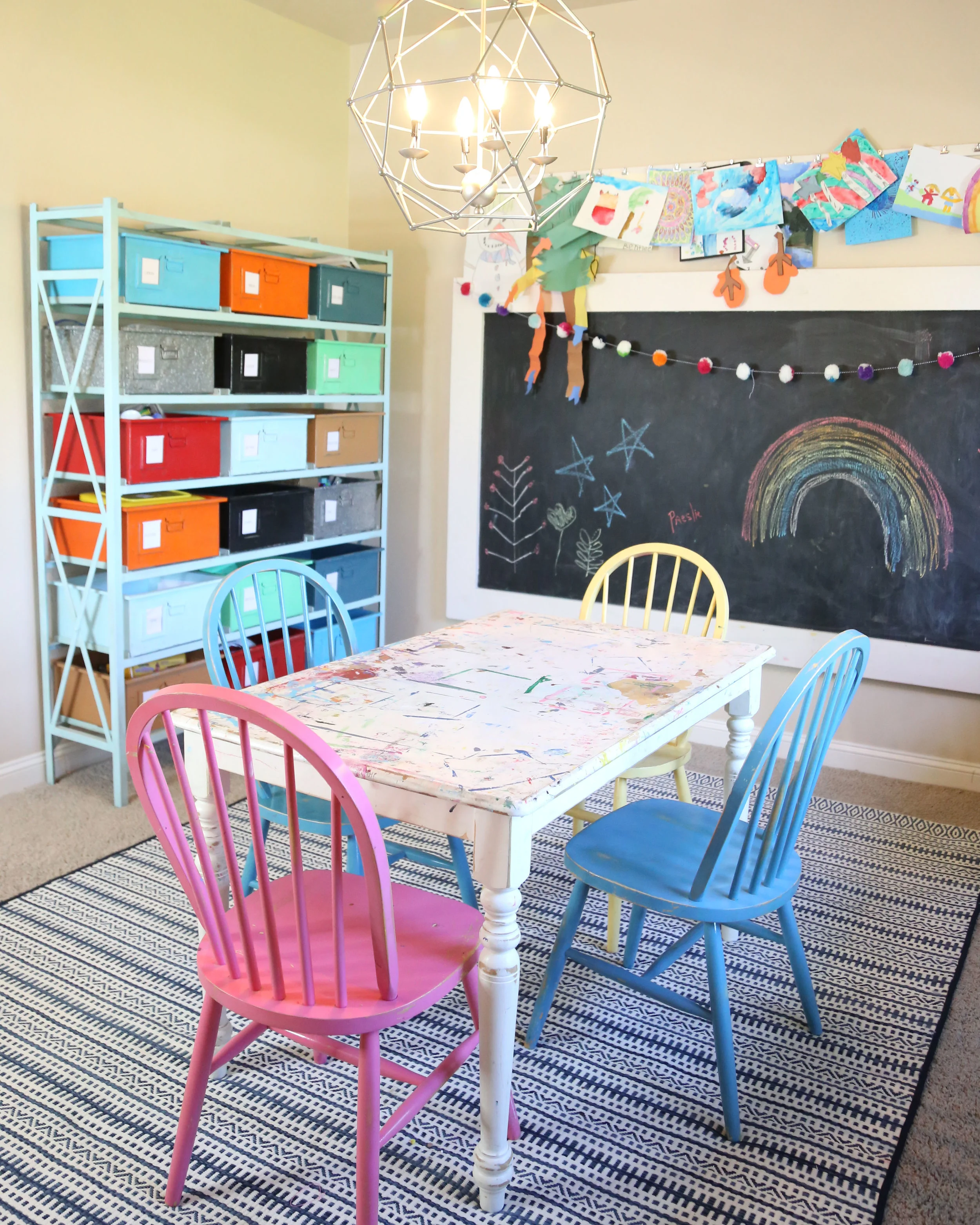 OUTDOOR RUG: The table can get destroyed, but I'm not a fan of painted carpet, so we chose an outdoor rug. Way less expensive (and way more washable) than an indoor rug and I won't even get mad if there is a playdoh mishap.