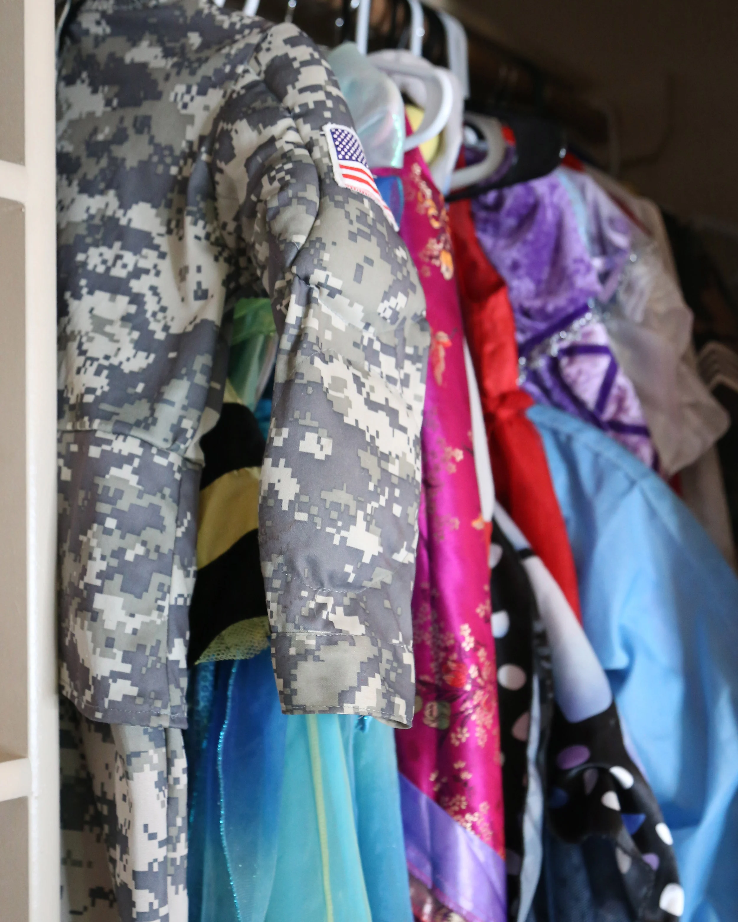  DRESS UP CLOSET: I've collected costumes for years and this closet gets a lot of action. Hats, Wigs, Shoes, Accessories, Costumes for all sizes (even adults). I love to check out thrift stores for funny things and kids consigment shops at Halloween time to freshen up the old dress up closet. 