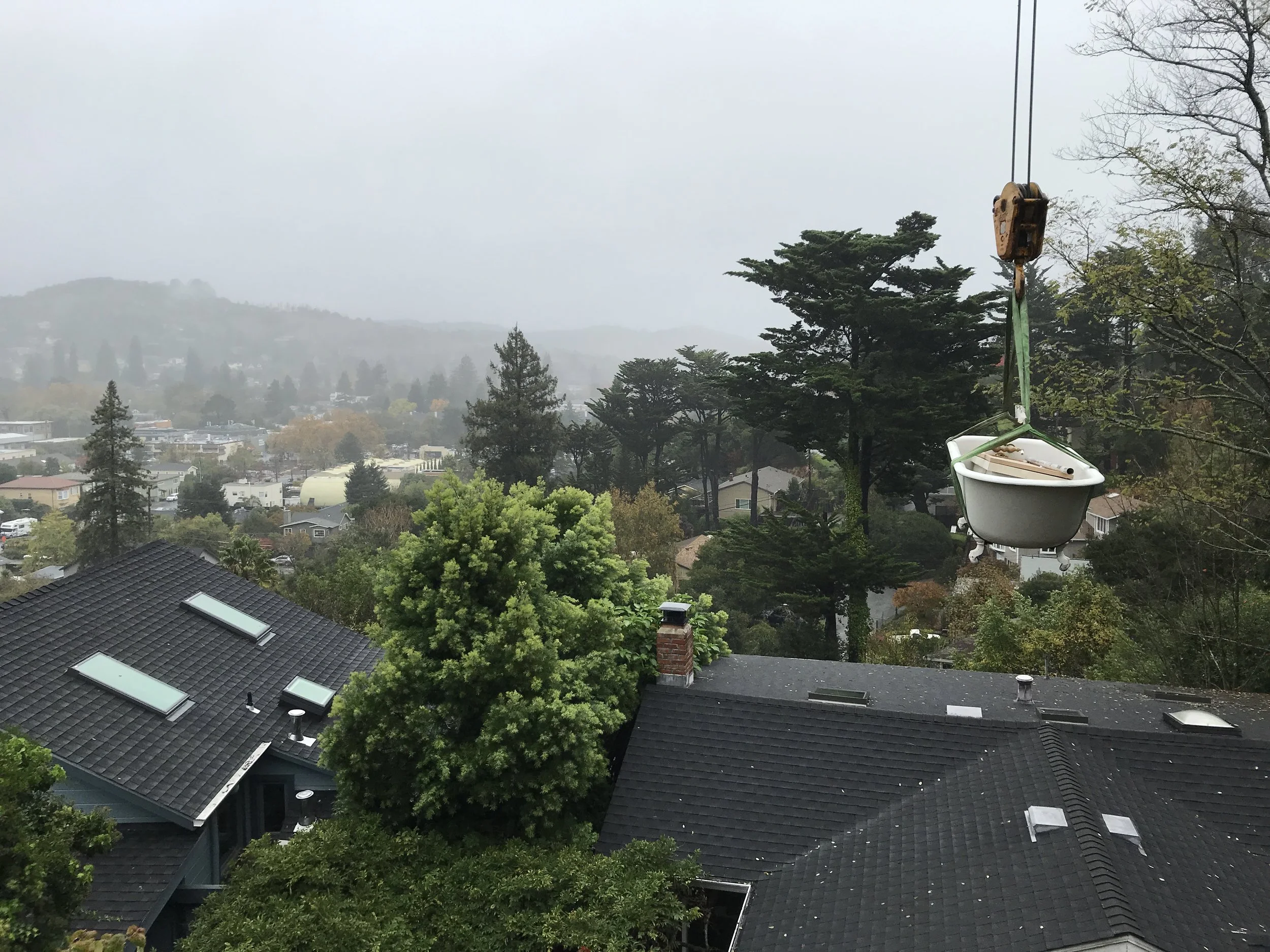  Flying the old tub out with the crane.  