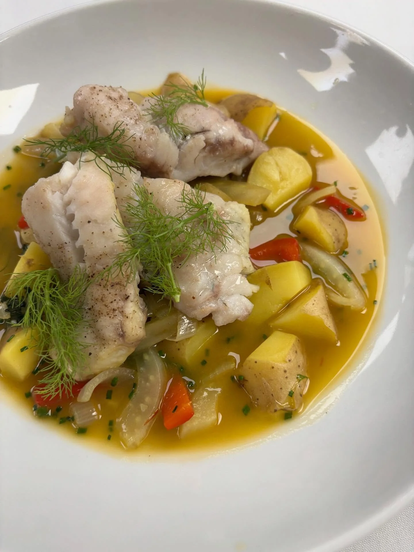 Local blackfish bouillabaisse. Had the privilege to pick up some delicious Long Island blackfish direct from a small fisherman. Serving in a classic bouillabaisse broth with fennel, pepper, potatoes &amp; shallots. -BP