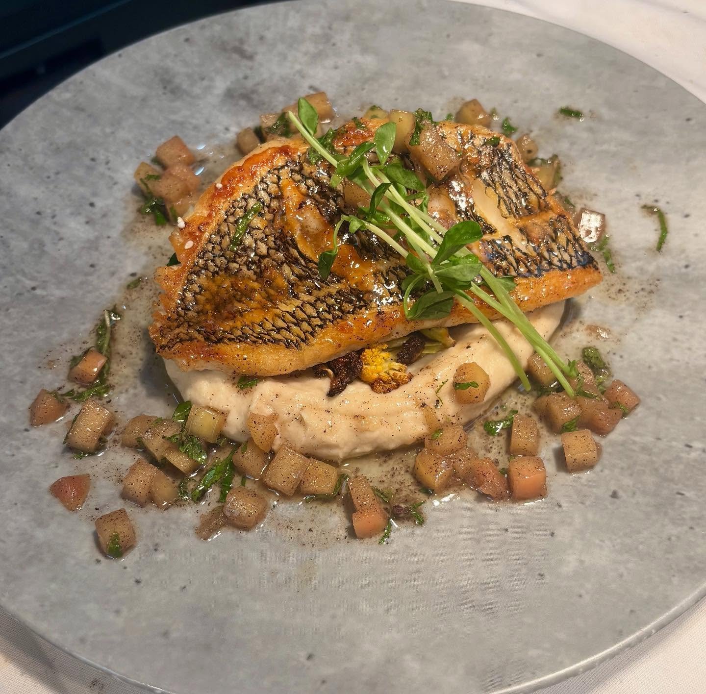 Weekend special.
Crispy black sea bass with cauliflower &amp; apple-brown butter-mint vinaigrette.
My favorite fish to eat cooked. #seafood #restaurant