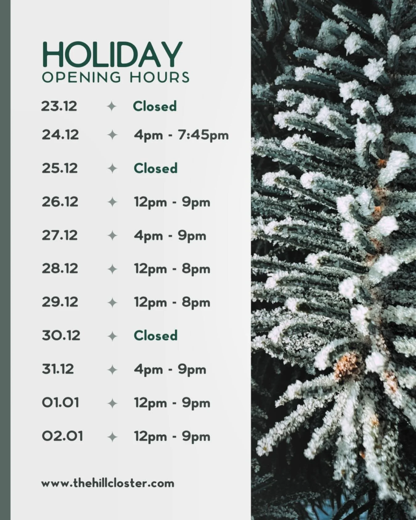 We&rsquo;re still taking reservations for Christmas Eve and New Year&rsquo;s Eve! Visit our website for menus and to make your reservations. We&rsquo;ll see you soon!
#thehillfortheholidays