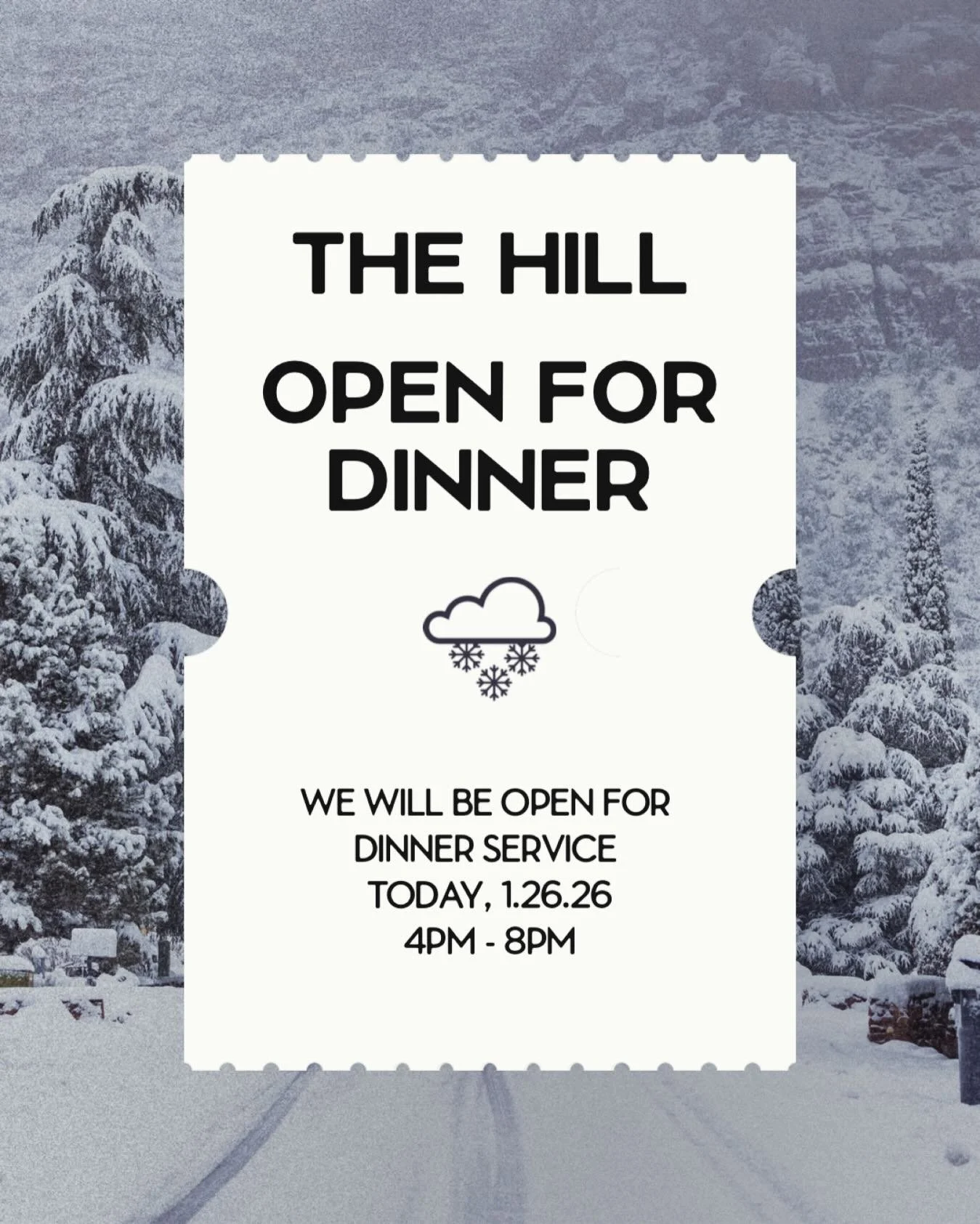 Stir Crazy? Ready for dinner and a cocktail? The Hill will be open for dinner! Come and join us at the bar or in the Lounge for dinner. We will be seating guest from 4pm - 8pm. See you soon!
