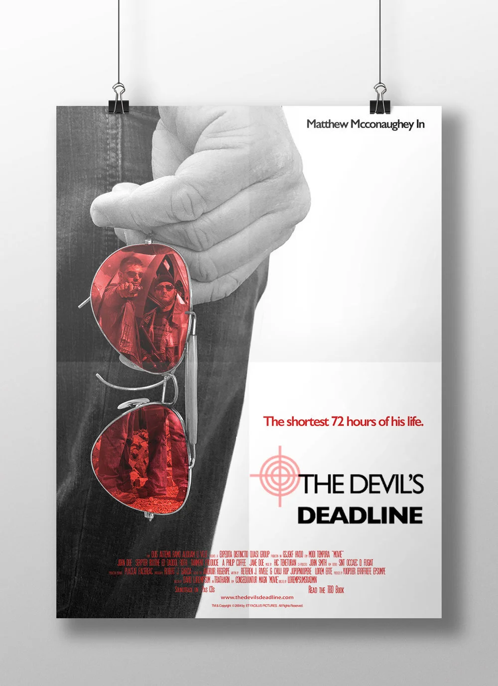  In my take on the title “The Devil’s Deadline,” I wanted to the poster to take on a different feel than the other one. I imagined this film to be scarier, with many elements of horror, suspense, and action. The men reflected in the sunglasses are th
