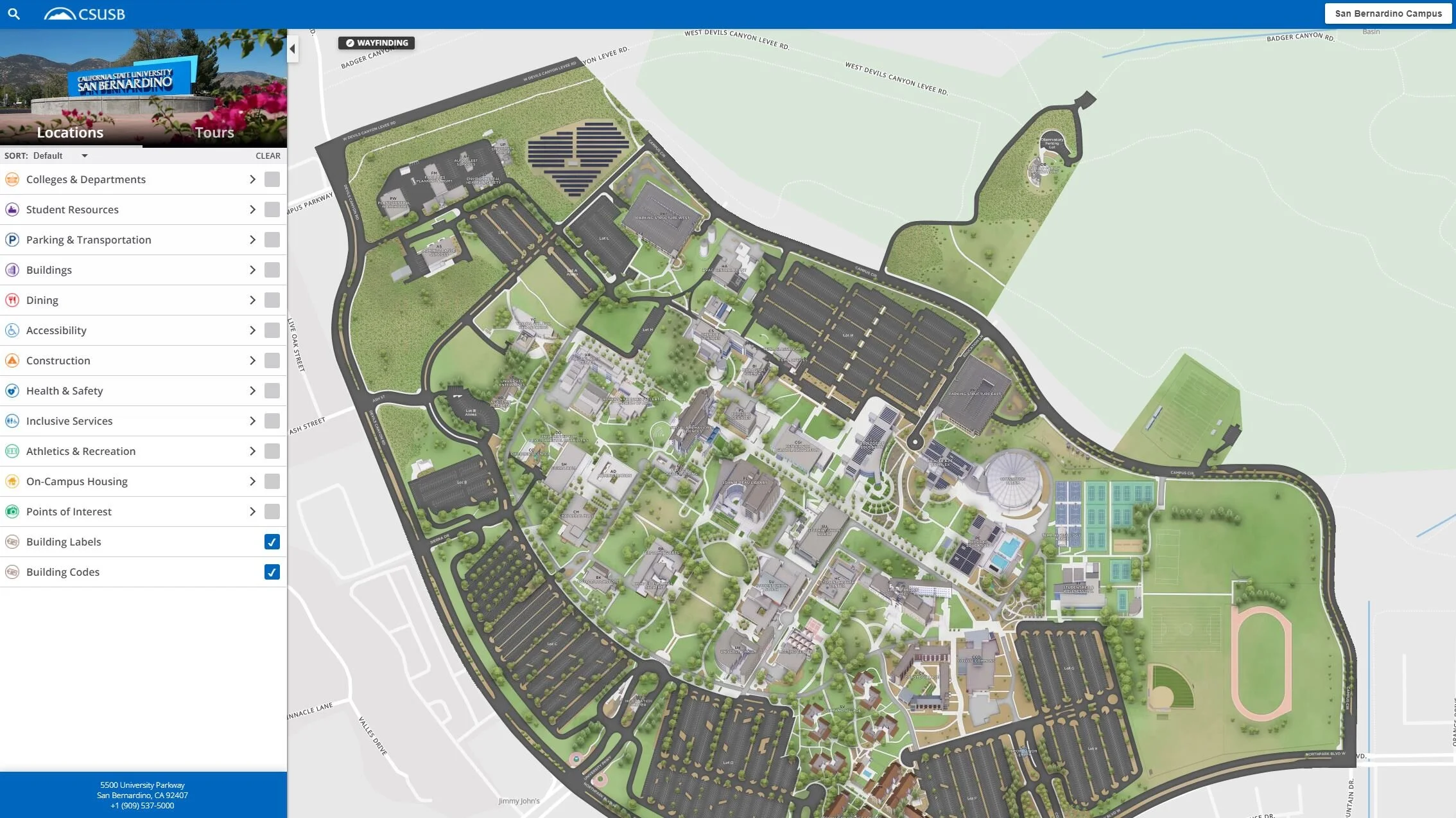  This is California State University San Bernardino, one of the most recent maps I worked on from top to bottom. This image shows the finished map from the front end, on our interactive platform. 