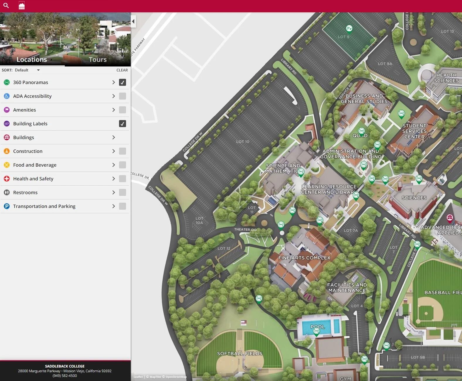  This is the finished map for Saddleback College. If you look closely, you’ll notice the “360 degree” pins dotting the campus. This is one of the most utilized feature that we have. When clicked on, these pins open up to a 360 degree panoramic photo 