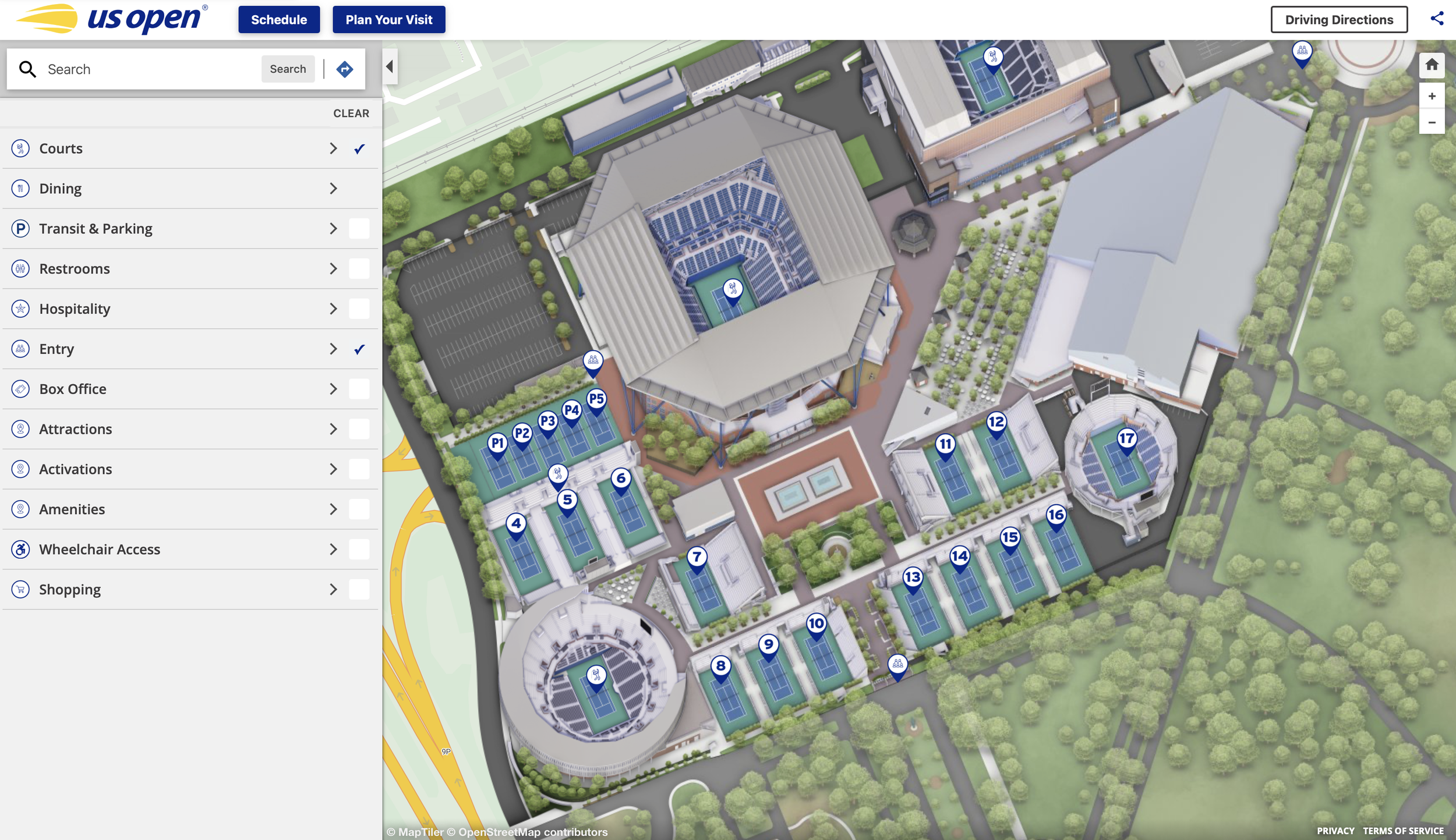  This is the interactive map for the US Open grounds in New York. This project meant a little extra to me—getting to combine my love of tennis with my design and map expertise was the perfect, full-circle combo. I was the lead designer on this projec