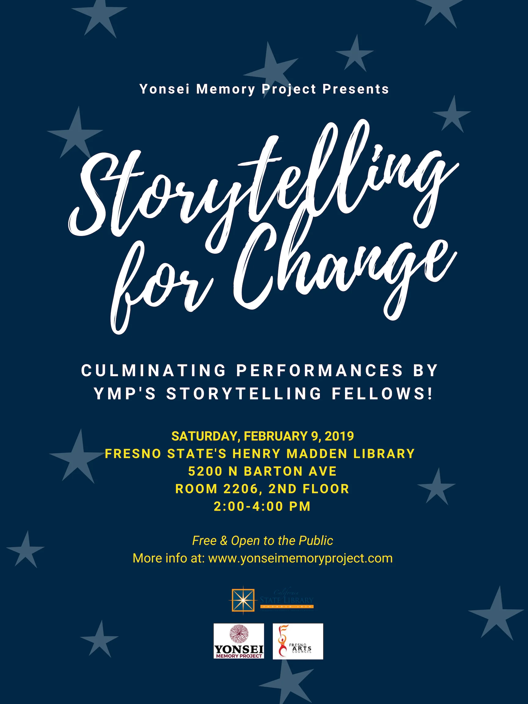 Image: Storytelling for Change event flyer for Feb 9, 2019, 2-4pm at the Henry Madden Library, Fresno State.