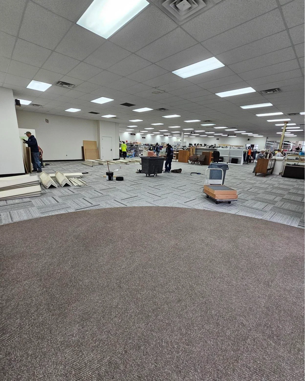 A clean, finished result at Legacy Thrift Store in Jenison.
This phased project included new carpet tile in the sales and storage areas and LVT in the restrooms, all installed with attention to detail and consistency across each phase. A strong finis