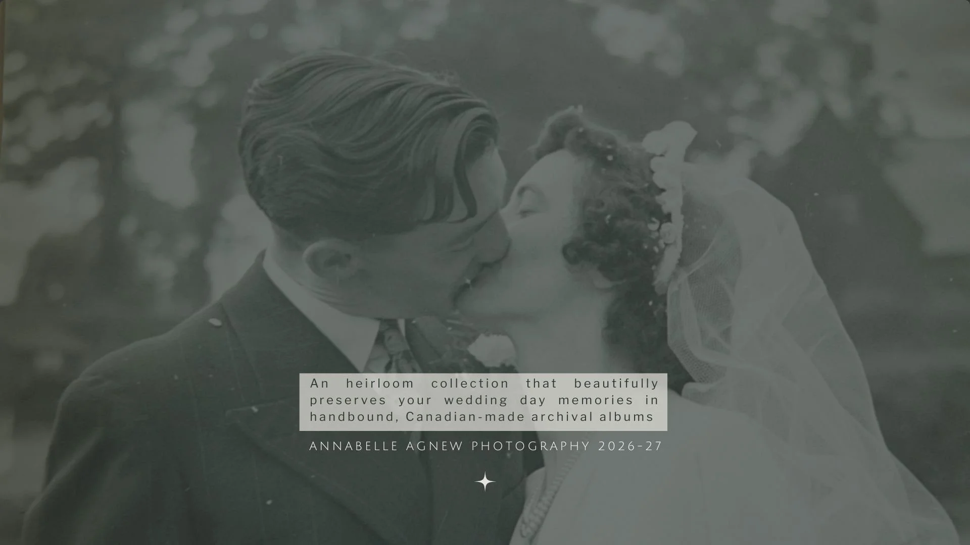 A black and white photograph of a couple sharing a kiss, one is in a suit and the other in a wedding dress, with stated text about archival wedding albums.