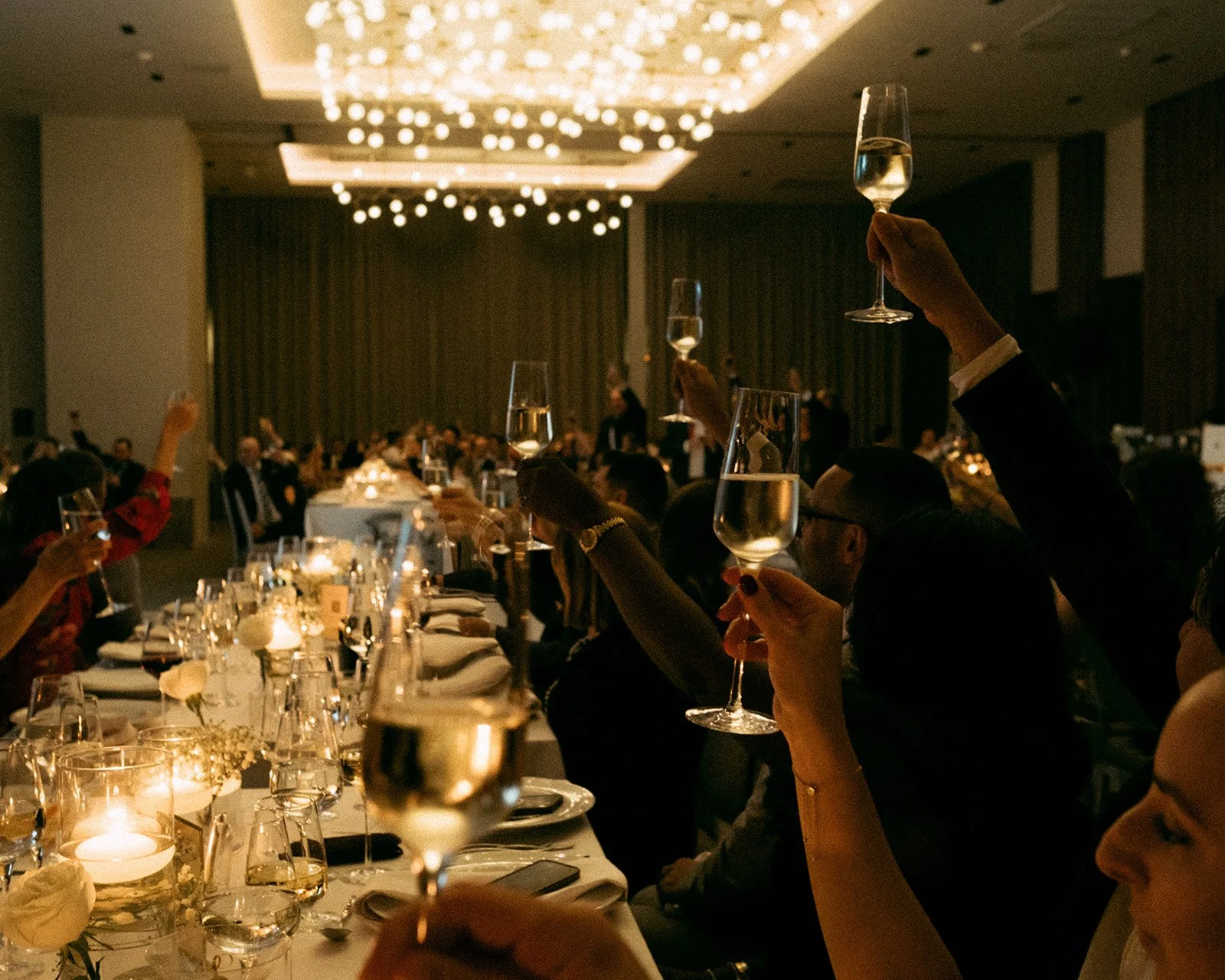 Guests at a formal dinner raising glasses for a toast in a dimly lit banquet hall with chandeliers and elegant table settings.