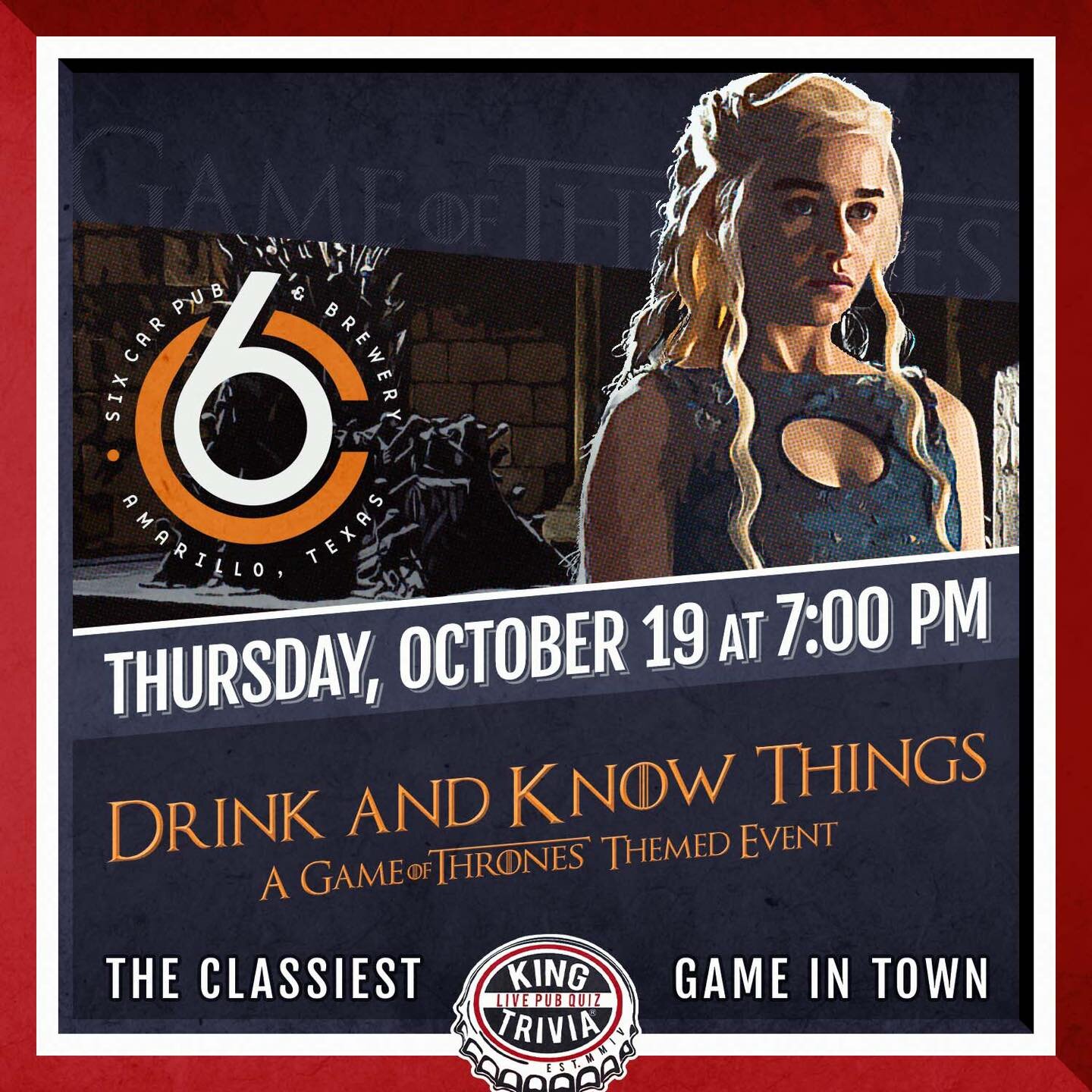 We are thrilled to host our first official themed trivia night this week! 

Get here early to make sure you get a seat! 

@kingtrivia 

#gameofthrones #trivia  #drinkandknowthings #kingtrivia #thingstodoinamarillo #thirstythursday #fridayeve #eatdrin