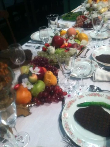 FORMAL  BANQUET TABLE SETTING, FAKE FOOD: A Little Night Music:              carpet, rope, styrofoam, fomecore,foam rubber, fake fruit, rope, mixed media