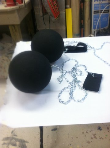 GIANT BALL AND CHAIN: All Shook Up: styrofoam, plastic chain, fishing  line, tubing
