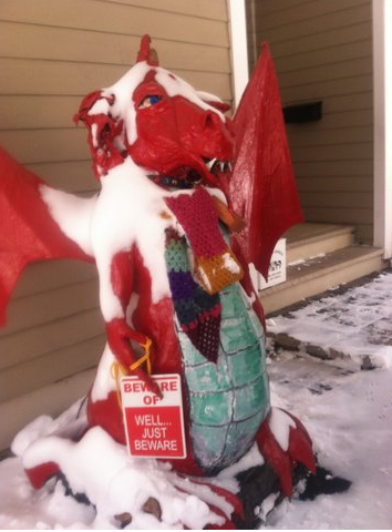 GIANT DRAGON: six feet high; wooden and chicken wire frame, styrofoam, fomecore, papier mache