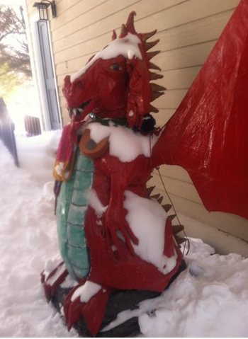 GIANT DRAGON: six feet high; wooden and chicken wire frame, styrofoam, fomecore, papier mache