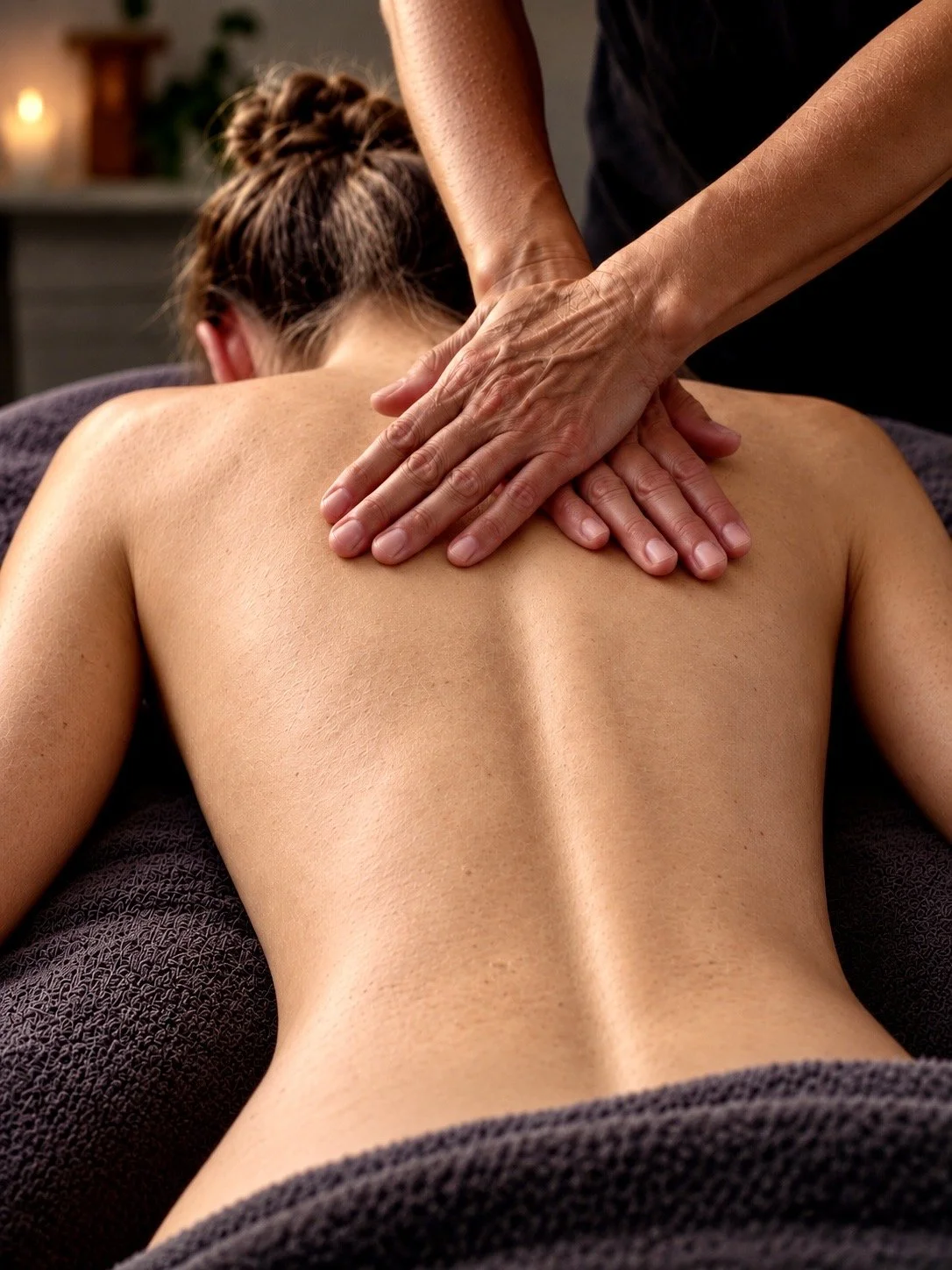 Person receiving a massage on their back from a massage therapist in a spa setting.