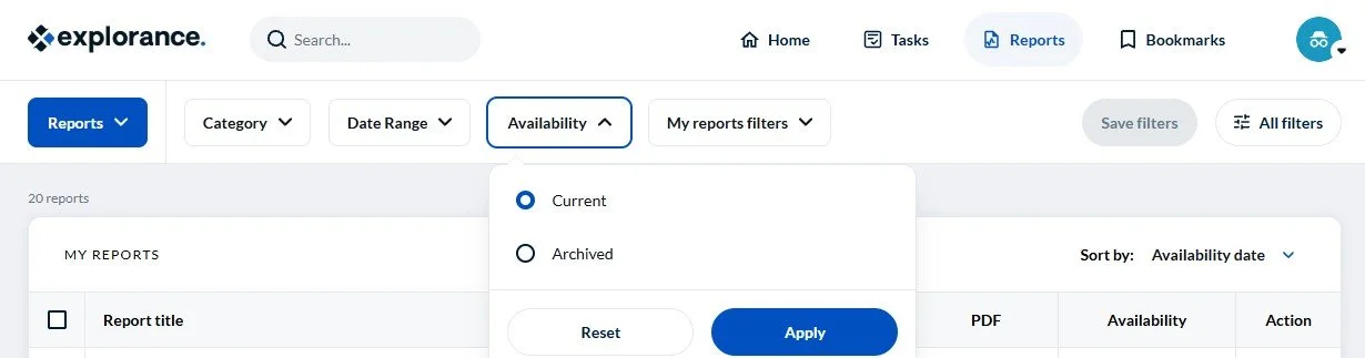 In the Reports tab there is an option "Avalability" that you can select to filter between current and archived reports.