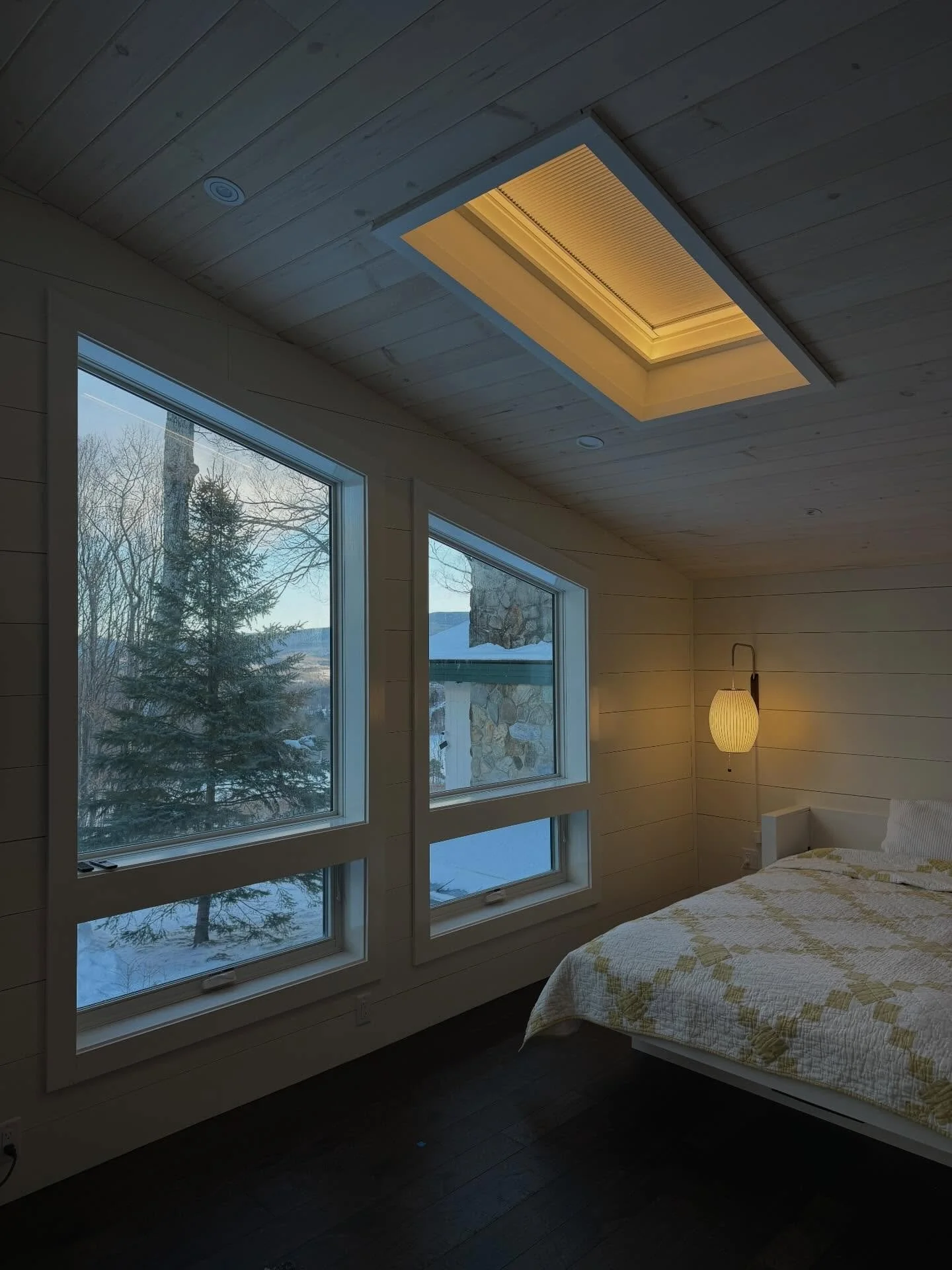 A skylight lighting detail I recently designed for my mom&rsquo;s new art studio. It provides a soft, diffuse light that&rsquo;s comfortable to work under and subtly mimics bright moonlight at night. The skylight shades close after dark to prevent re