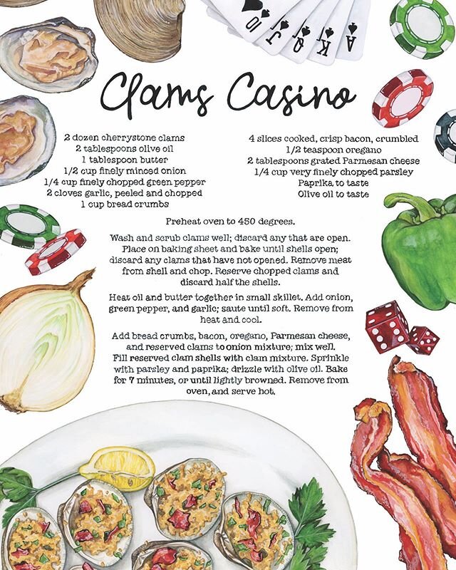 Family recipes full of memories and love are the best, aren't they? This recipe of Clams Casino was a favorite of @chefpenryontheroad&rsquo;s dad, and they shared a love of Las Vegas together. Combining recipe illustrations with images of chips &amp;
