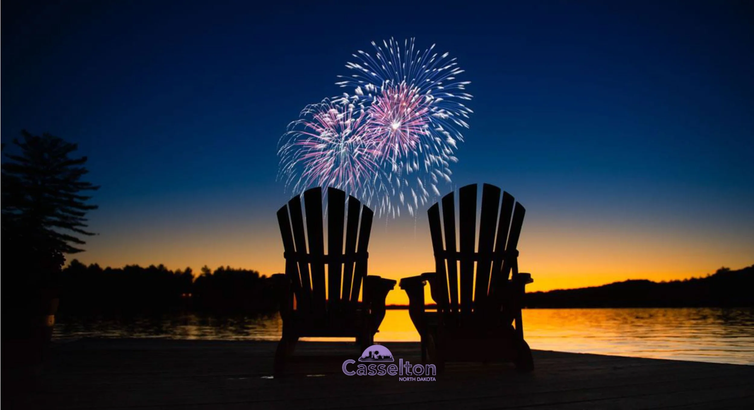 chairs near a lake with fireworks