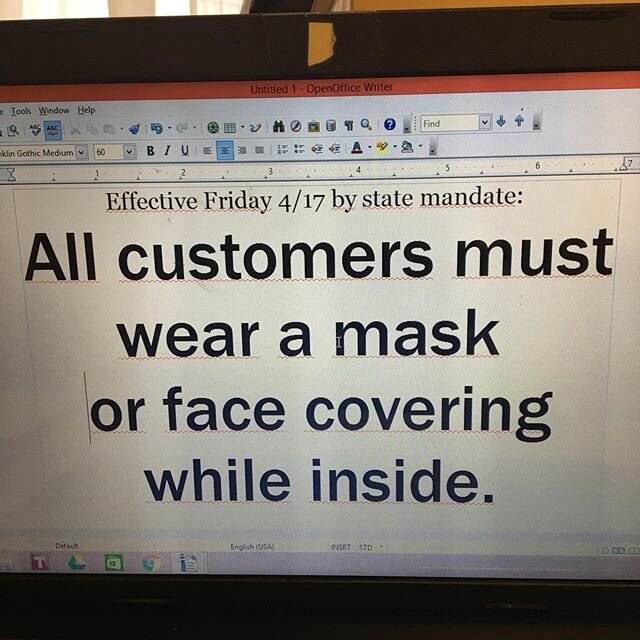 Help us keep our customers and staff safe.  Anytime you are closer than 6&rsquo; to somebody in public, cover those faces!  #keepitsafe