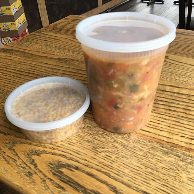 Gumbo with andouille, shrimp, lobster, catfish and pollock to-go.  Heat at home.  1 quart gumbo and a cup of rice to add in for $10.