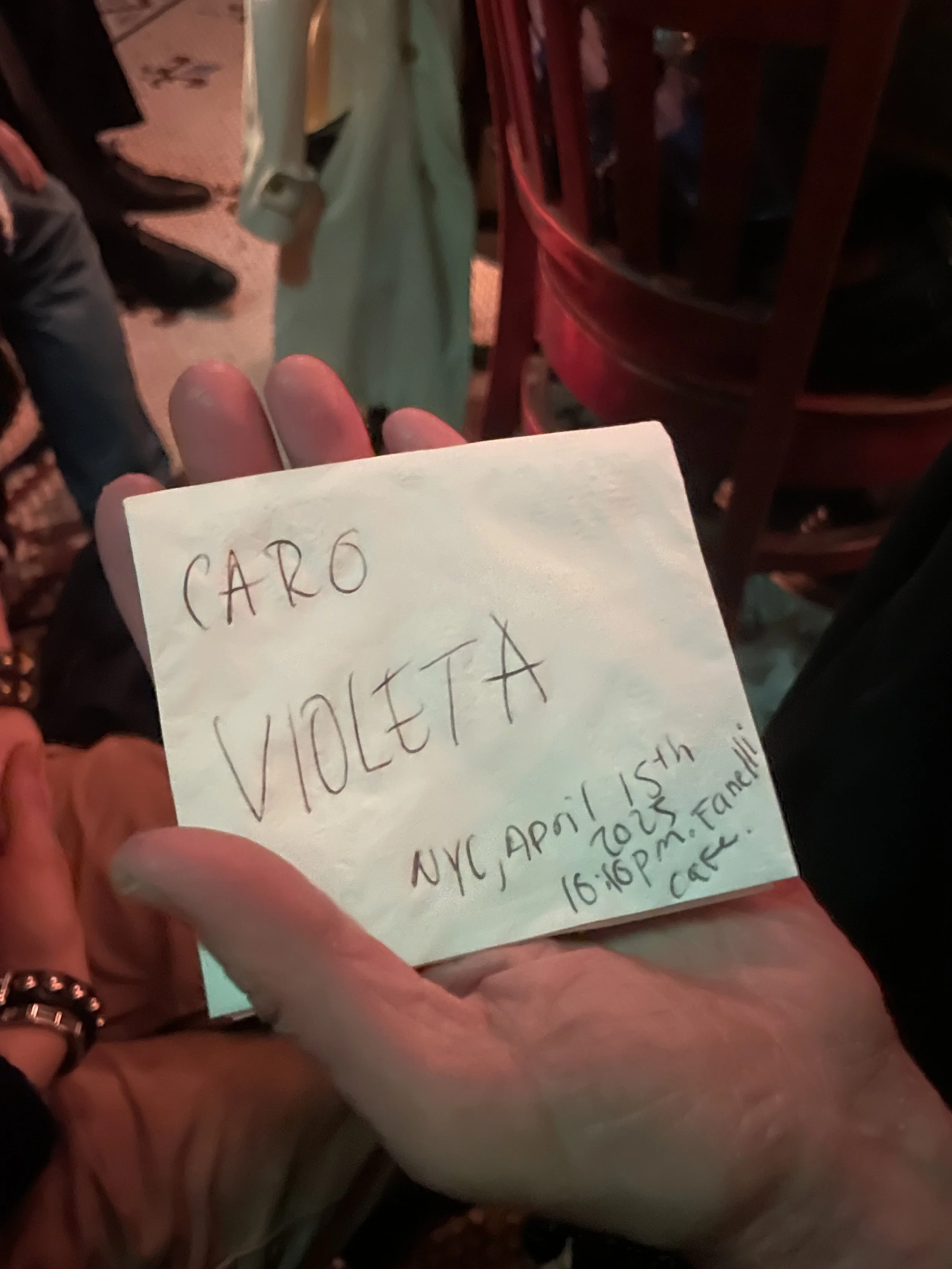  Jay Kelly's "cheat sheet" to remember mine and Violeta's name 