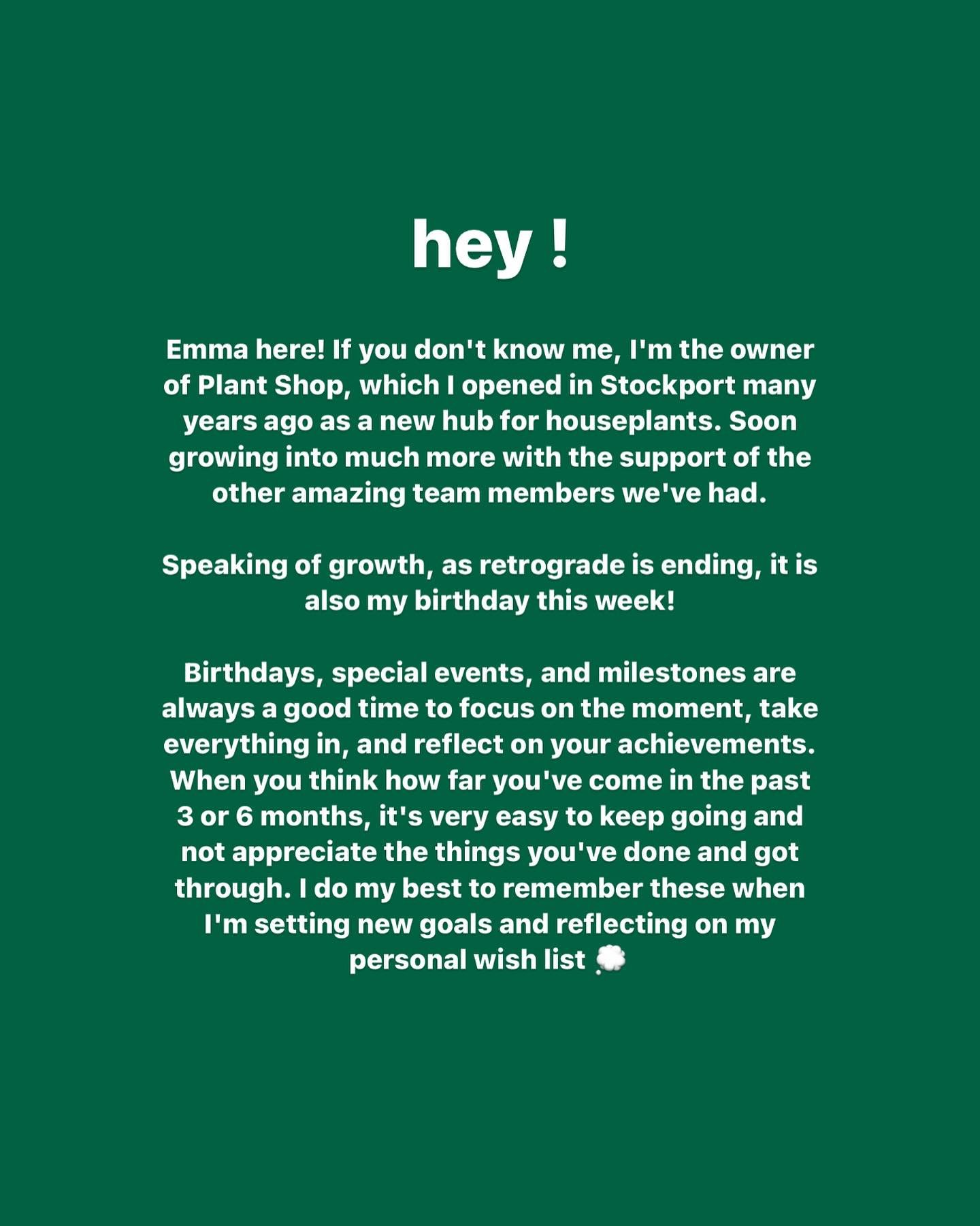 bye retrograde 48 today

Emma here! If you don't know me, I'm the owner of Plant Shop, which I opened in Stockport many years ago as a new hub for houseplants. Soon growing into much more with the support of the other amazing team members we've had.
