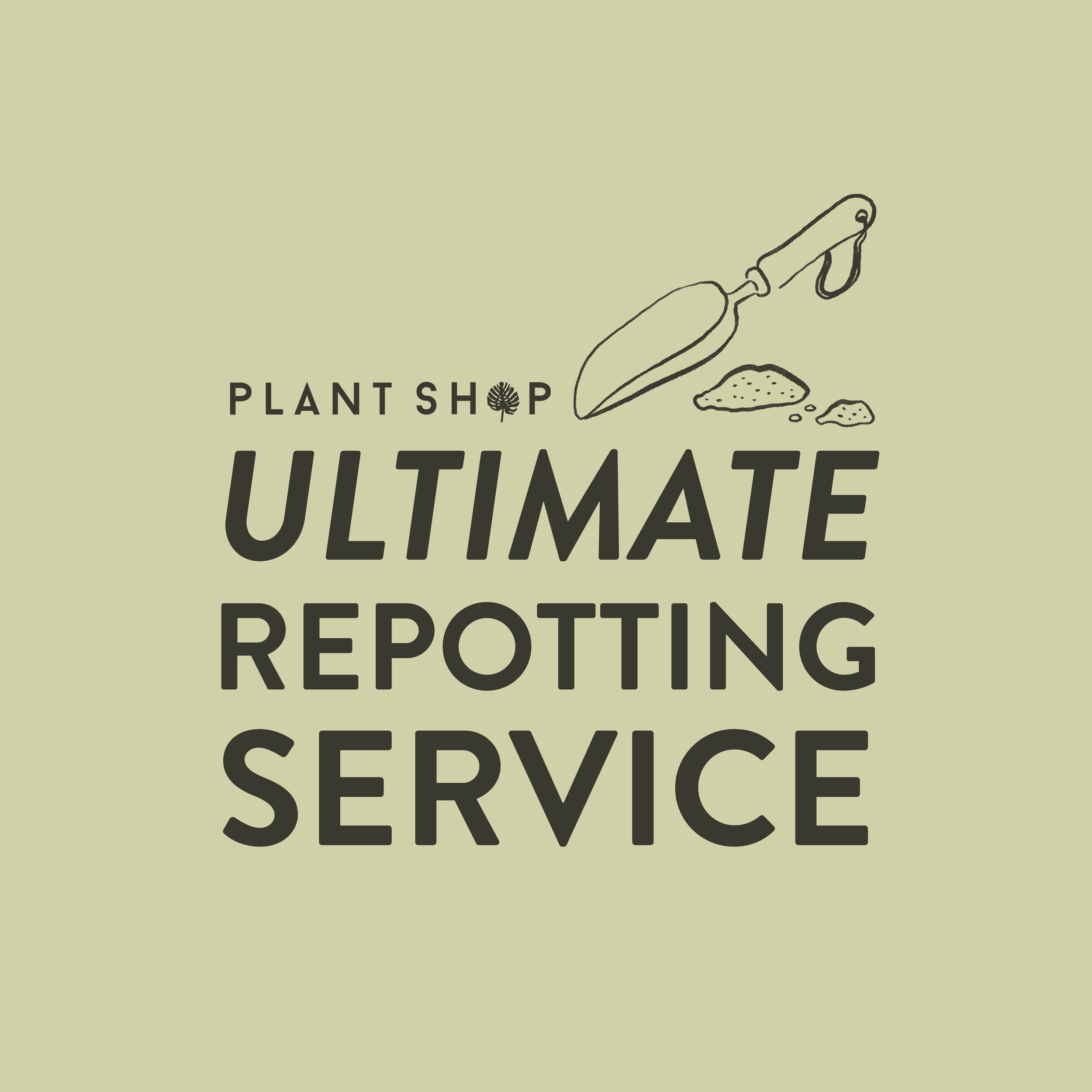 Logo for Plant Shop Ultimate Reporting Service with a gardening trowel and soil illustration on a beige background.