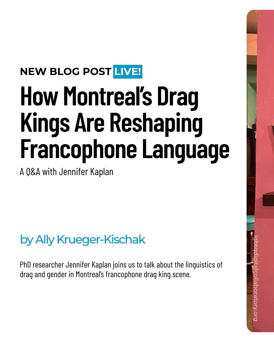 🚨 NEW BLOG POST

How are Montreal&rsquo;s drag kings reshaping the French language in real time?
Find out in our Q&amp;A with PhD researcher Jennifer Kaplan &mdash; link in bio.

#DragKing #QueerLanguage #TransHistory #MontrealQueer #PublicHistory