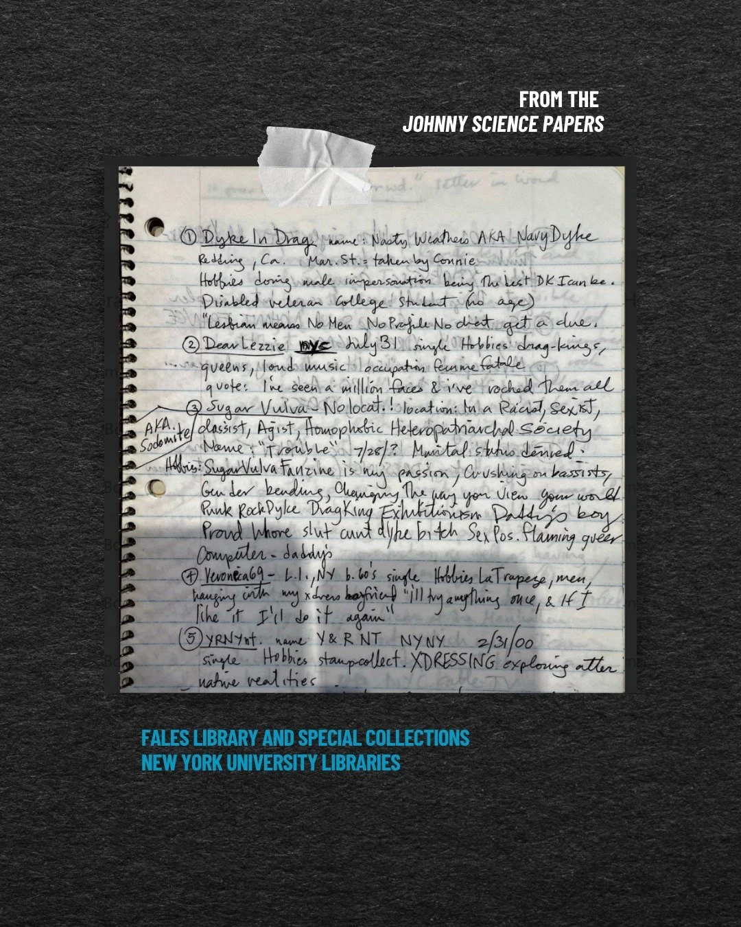 From the #JohnnyScience Papers, Fales Library and Special Collections, New York University Libraries.