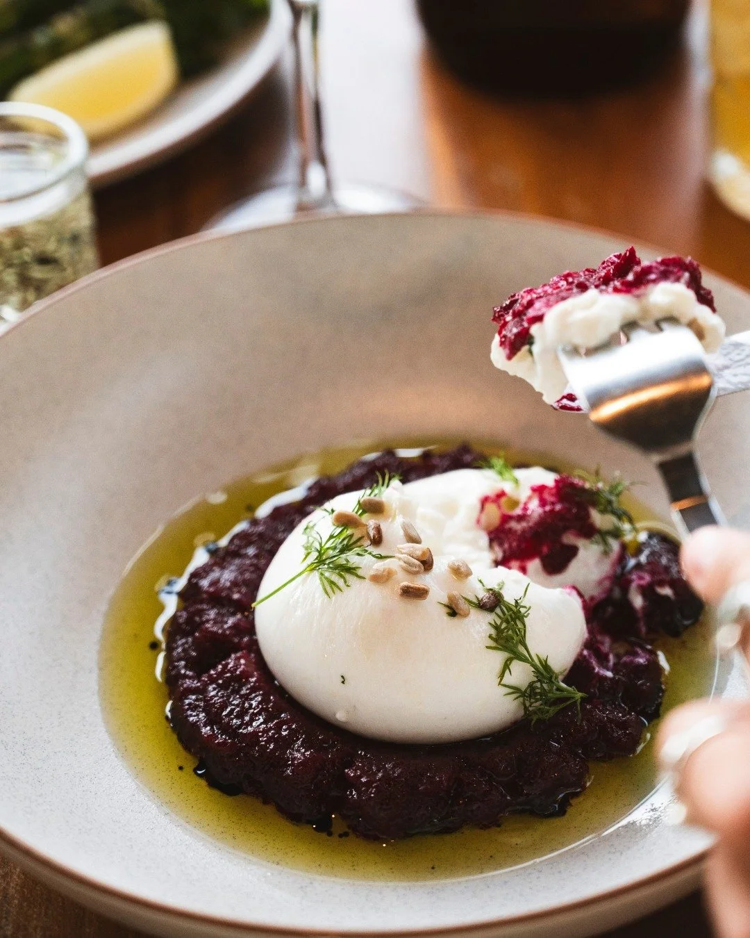 Creamy burrata lounging on a vibrant beetroot pur&eacute;e, drizzled with balsamic &amp; extra virgin olive oil, topped with fresh dill and toasted pine nuts.

Perfectly paired with our warm, toasted focaccia, trust us, you&rsquo;ll want to mop up ev