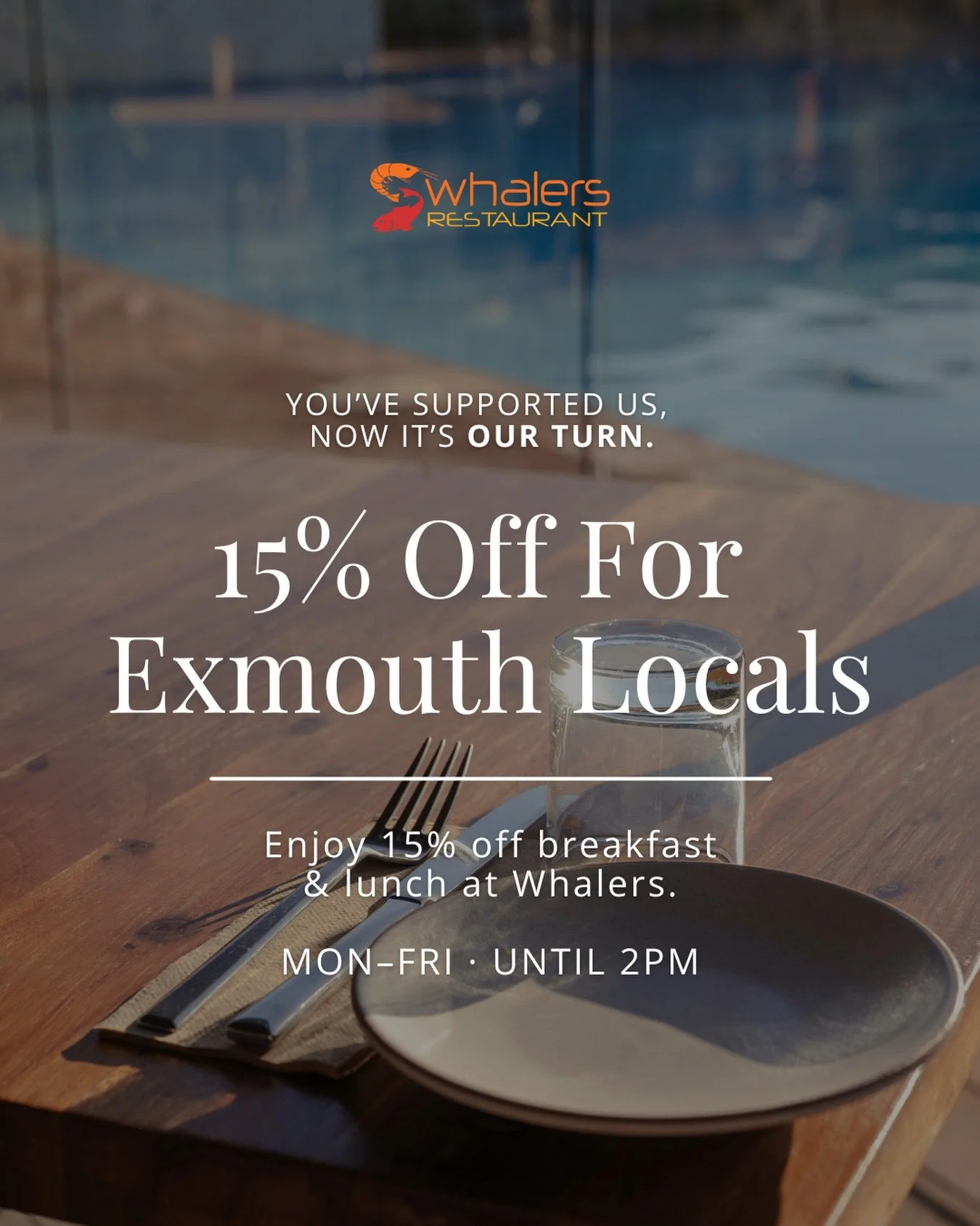 You&rsquo;ve been showing up for us, supporting us, and bringing the good vibes, so this one&rsquo;s for you.

For the months of April &amp; May, all Exmouth locals get:

✨ 15% off breakfast &amp; lunch
📅 Monday to Friday
⏰ Until 2:00 PM

All you ne