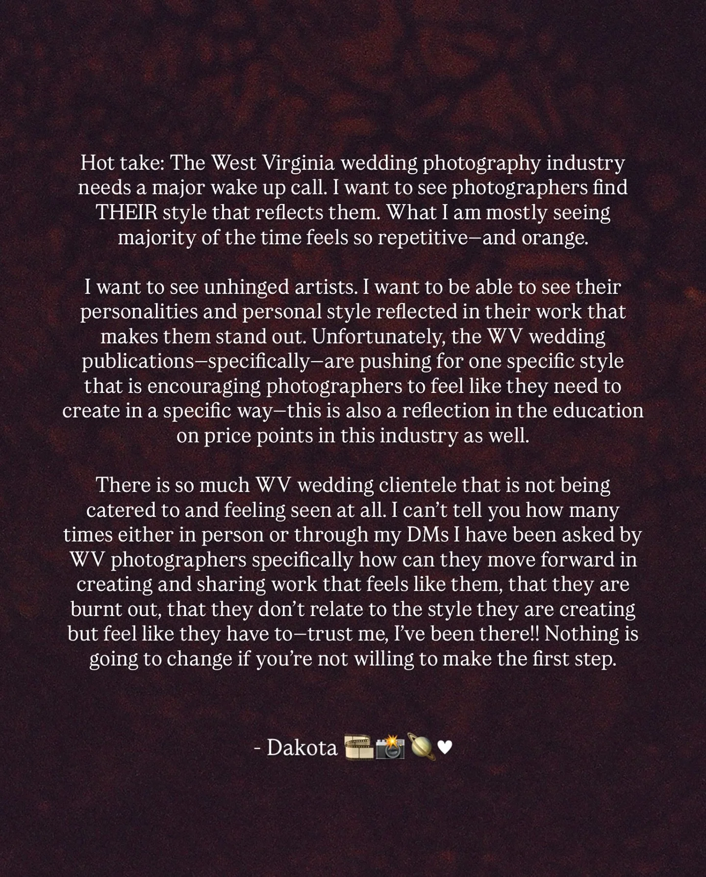 My thoughts on the West Virginia Wedding Photography industry.