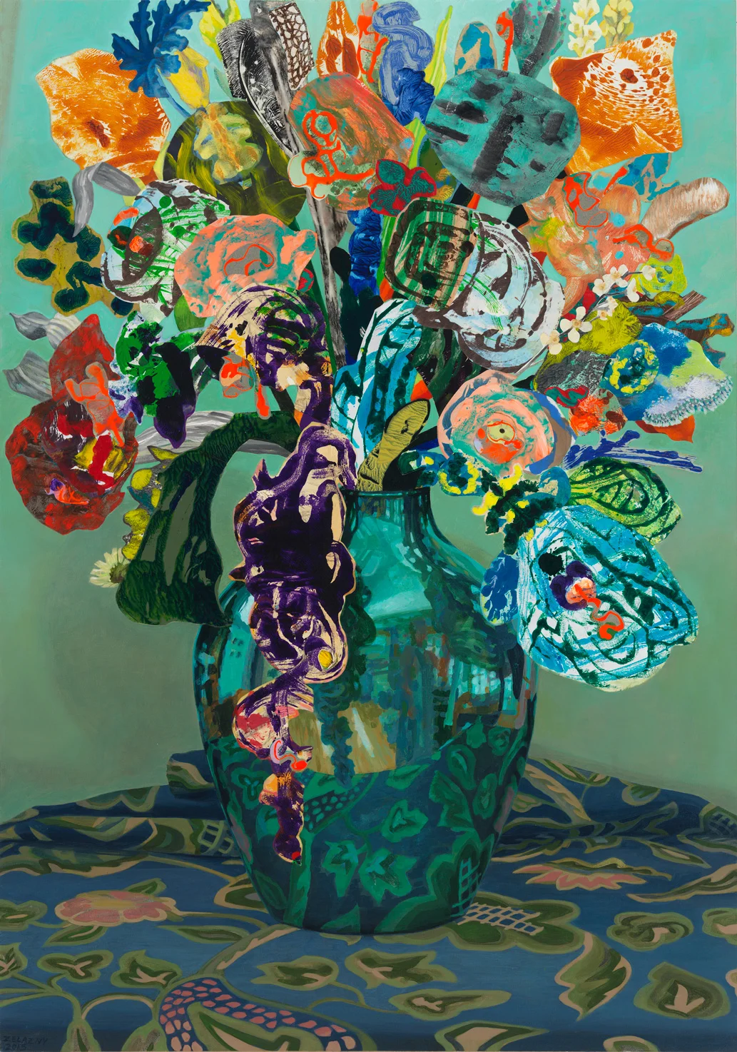 Mirrored Turquoise, 2015, acrylic, collage, oil on canvas, 46" x 32"